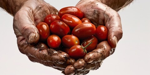 Farmer holding freshly picked tomatoes in dirty hands