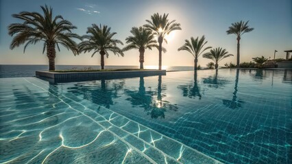 Infinity pool with palm trees overlooking the ocean at sunset on a tropical vacation spot