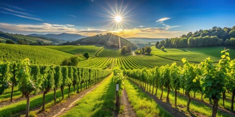 Naklejka premium Rows of lush green grapevines stretching across a picturesque vineyard under a clear blue sky with bright sunshine casting warm hues