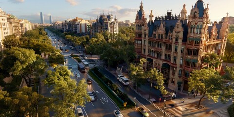 Barcelona cityscape with traffic flowing on passeig de gracia at sunset