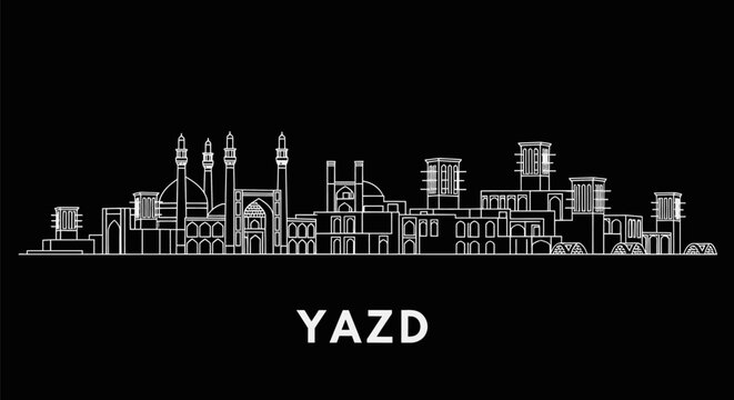 Yazd with Iran Skyline Landmark Vector Silhouette.