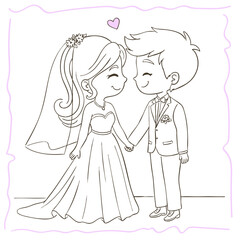 Bride and groom in beautiful outfits. Happy wedding of man and woman.