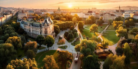 Golden sunset illuminating city park in budapest, hungary