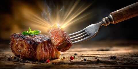 Fork lifting delicious piece of grilled meat with smoke and light rays
