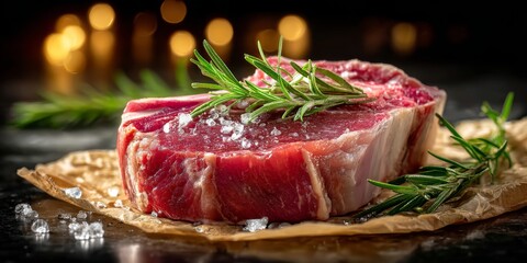 Raw ribeye steak with rosemary and salt on baking paper