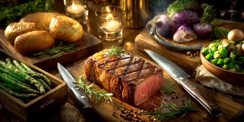 Sizzling grilled steak with roasted potatoes, asparagus, and mushrooms, a culinary delight