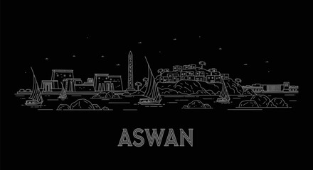 Aswan Skyline with Egypt Nile River, and Travel Outline.