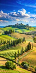 Fototapeta premium Rolling hills of Tuscany with cypress trees under a bright blue sky