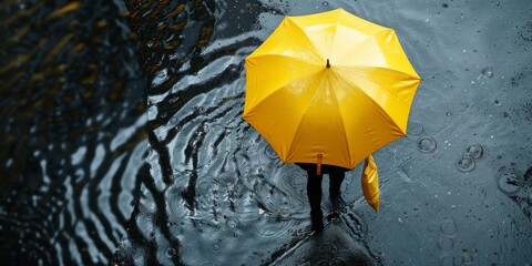 Pedestrian walking with yellow umbrella in the rain
