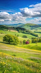 Obraz premium Rolling green hills of Alnwick Pastures in Northumberland with wildflowers blooming on a sunny spring day