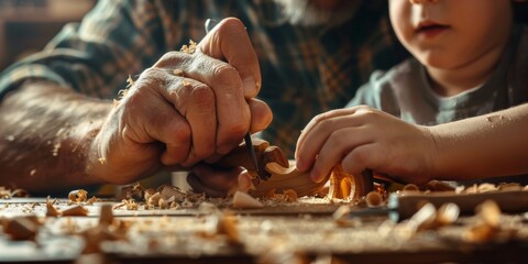 Carpenter teaching woodworking to his grandson, working together on a wooden craft