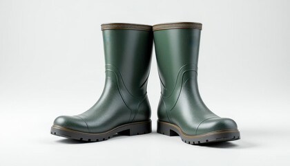A pair of dark green rubber boots with textured surfaces and sturdy soles are presented against a minimalist white background.  The boots are mid-calf height and appear waterproof.