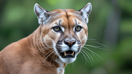 Obraz premium Closeup portrait of a cougar, its intense gaze captivating against a blurred green background
