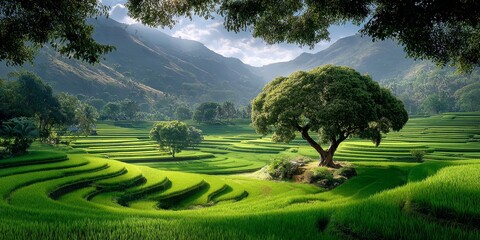 Rice terraces forming green steps in majestic indian landscape