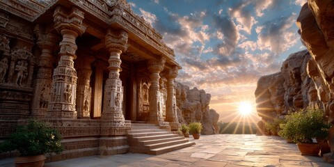 Sun setting behind ancient carved stone temple in india