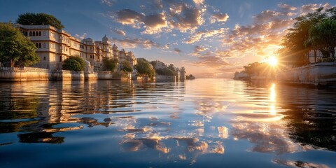Udaipur city palace reflecting on pichola lake at sunrise, rajasthan, india