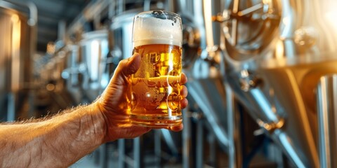 Brewer holding pint of fresh beer in brewery factory