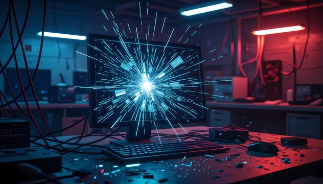 Futuristic cyber environment with glowing data burst, network wires, and advanced computer system interface effects