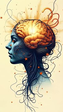 A glowing brain with tentacle-like wires and circuits extending outward, shown in a portrait-format pan-out animation&mdash;symbolizing artificial intelligence, neural networks, or the fusion of biology and