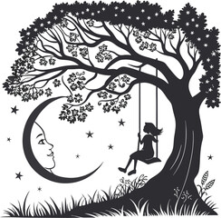 Vector illustration of a child silhouette swinging in a nature park with trees and spring flowers