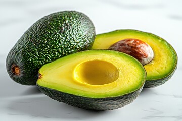 Two avocados, one whole and one halved, on a white marble surface.  The halved avocado reveals the bright yellow-green flesh and a brown seed
