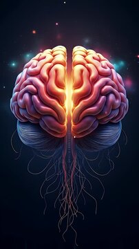 A glowing brain with tentacle-like wires and circuits extending outward, shown in a portrait-format pan-out animation&mdash;symbolizing artificial intelligence, neural networks, or the fusion of biology and