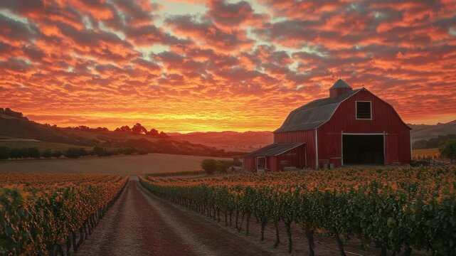 Breathtaking Sunset Over a Rustic Red Barn in a Vineyard Landscape