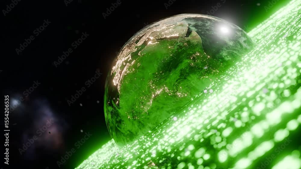 Wall mural glowing earth showing illuminated africa with green digital particles in outer space. 3d rendering w
