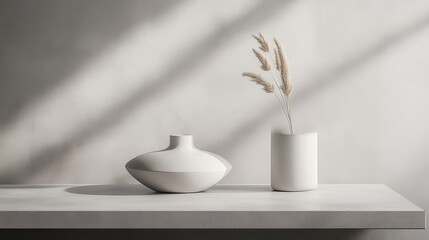Two simple white vases and dried pampas grass on a light gray surface.