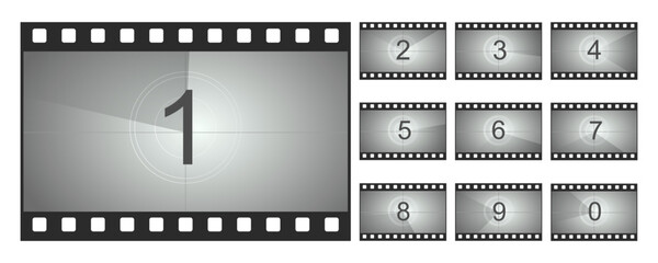 Countdown movie frame, film intro animation retro video screen. Start Timer set, film strip border, Vintage counter.