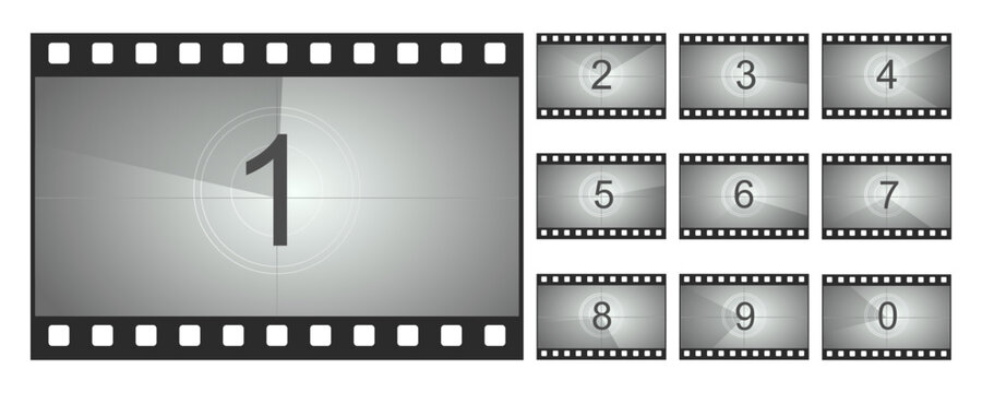 Countdown movie frame, film intro animation retro video screen. Start Timer set, film strip border, Vintage counter.
