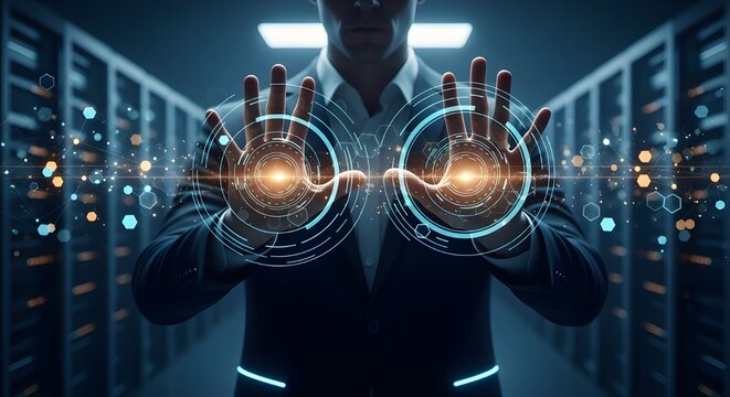 Business Man Interacting with Futuristic Holographic Data Interface in Dark Server Room