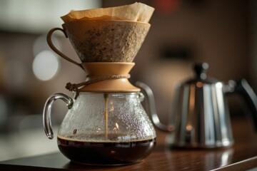 Close-up of a glass coffee dripper with coffee brewing.