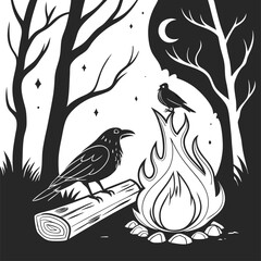 Vector silhouette illustration of cute wild birds on a spring tree branch with a black leaf design