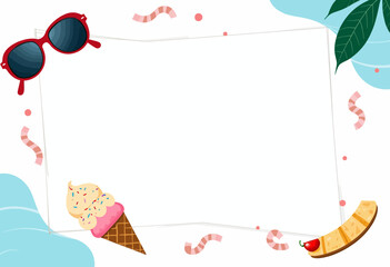 Summer-themed frame with sunglasses, ice cream, and tropical leaves  