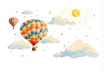 Obraz premium Colorful hot air balloons flying in a blue sky with clouds 