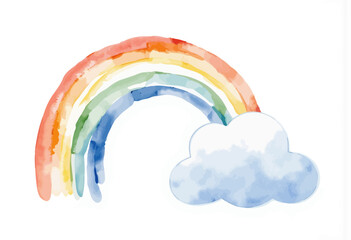 Watercolor rainbow arching over a fluffy cloud on white background  
