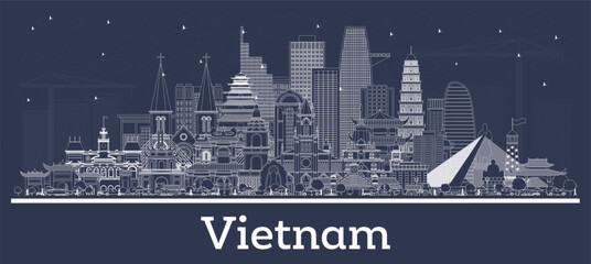 Fototapeta premium Outline Vietnam City Skyline with white Buildings. Illustration. Tourism Concept with Historic Architecture. Vietnam Cityscape with Landmarks. Hanoi. Ho Chi Minh. Haiphong. Da Nang.