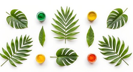 Flat lay of tropical leaves and paint jars on a white background arranged well