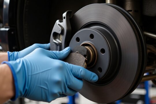 Close-up view of hands in blue gloves replacing brake pads.