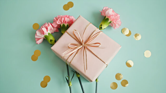 A beautifully wrapped pink gift box with a gold ribbon sits among delicate pink carnations and scattered gold confetti on a soft teal background