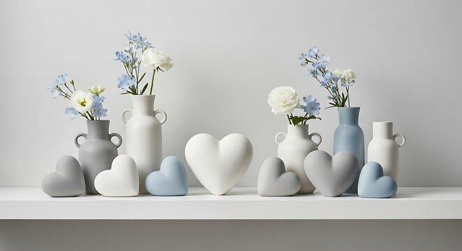 Still life of vases with flowers and heart shaped objects on white surface