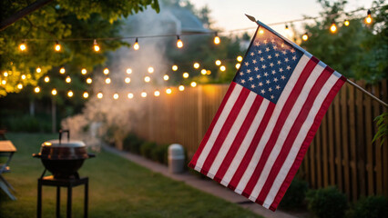 Independence day celebration. American flag backyard barbecue, summer evening, string lights, festive, family gathering holiday, 4th july