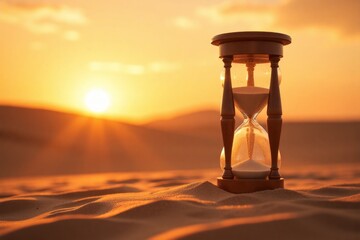 Hourglass in desert at sunset.