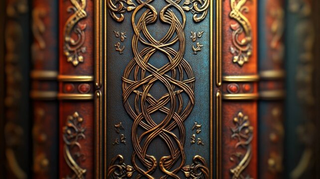 Ornate book binding detail with intricate knotwork design.
