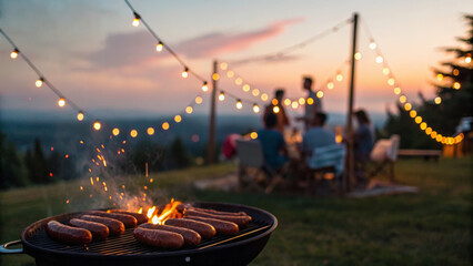 Independence day celebration. Grilled sausage outdoor barbecue, family gathering, sunset, string lights, family gathering holiday, 4th july