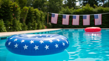 Fototapeta na wymiar Independence day celebration. Patriotic pool float American flag summer outdoor holiday celebration festive, family gathering holiday, 4th july