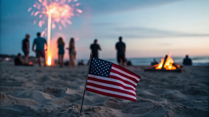 Independence day celebration. American flag beach sunset fireworks people celebration summer bonfire, family gathering holiday, 4th july