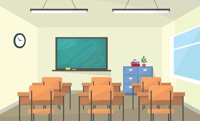 Classroom interior with board, desks and chairs. School, university, college, courses. Education.