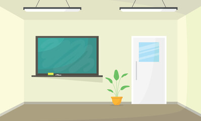 Classroom interior with a board and a plant. Interior without furniture. School, university.